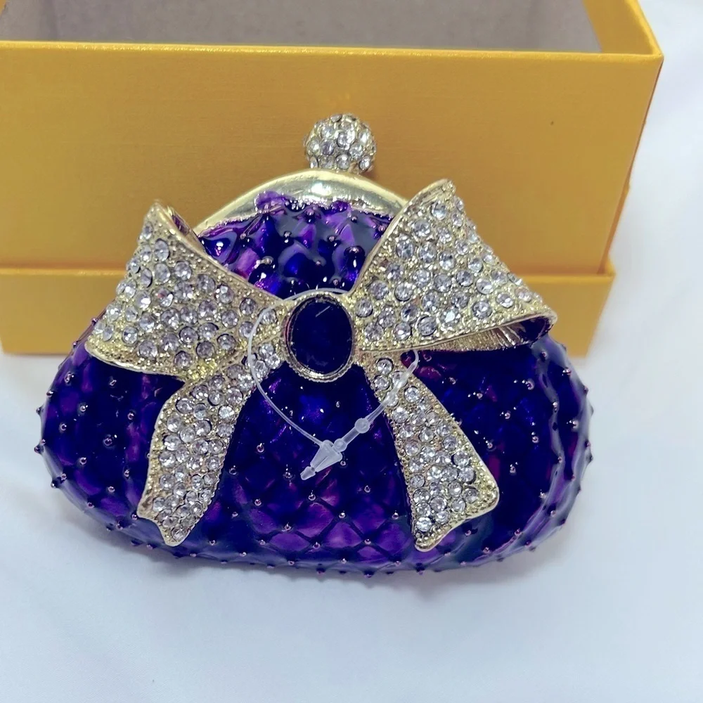 Purple Crystal Bow Minaudiere Evening Clutch Bag Gold Tone Rhinestone Hard Shell